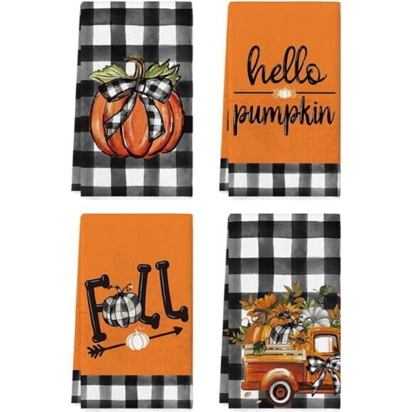 Artoid Mode Buffalo Plaid Truck Hello Pumpkin Fall Kitchen Towels Dish Towels, - Picture 1 of 7